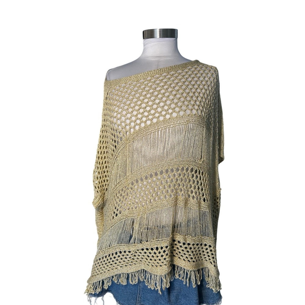 Fashion Poncho OS Gold Metallic Open Knit Crochet Fringe One Shoulder Made Italy